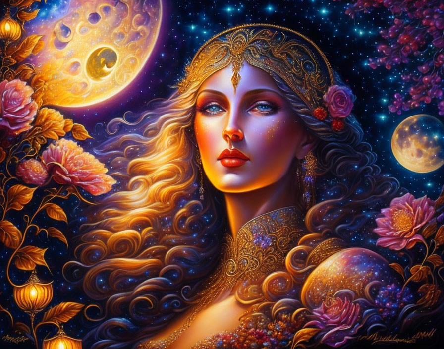 Fantasy artwork of woman with flowing hair in cosmic setting