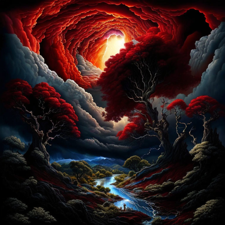 Surreal landscape with red-leaved trees and river under stormy sky