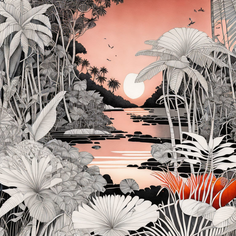 Tropical Sunset Landscape with Monochrome Vegetation and Pink Sky