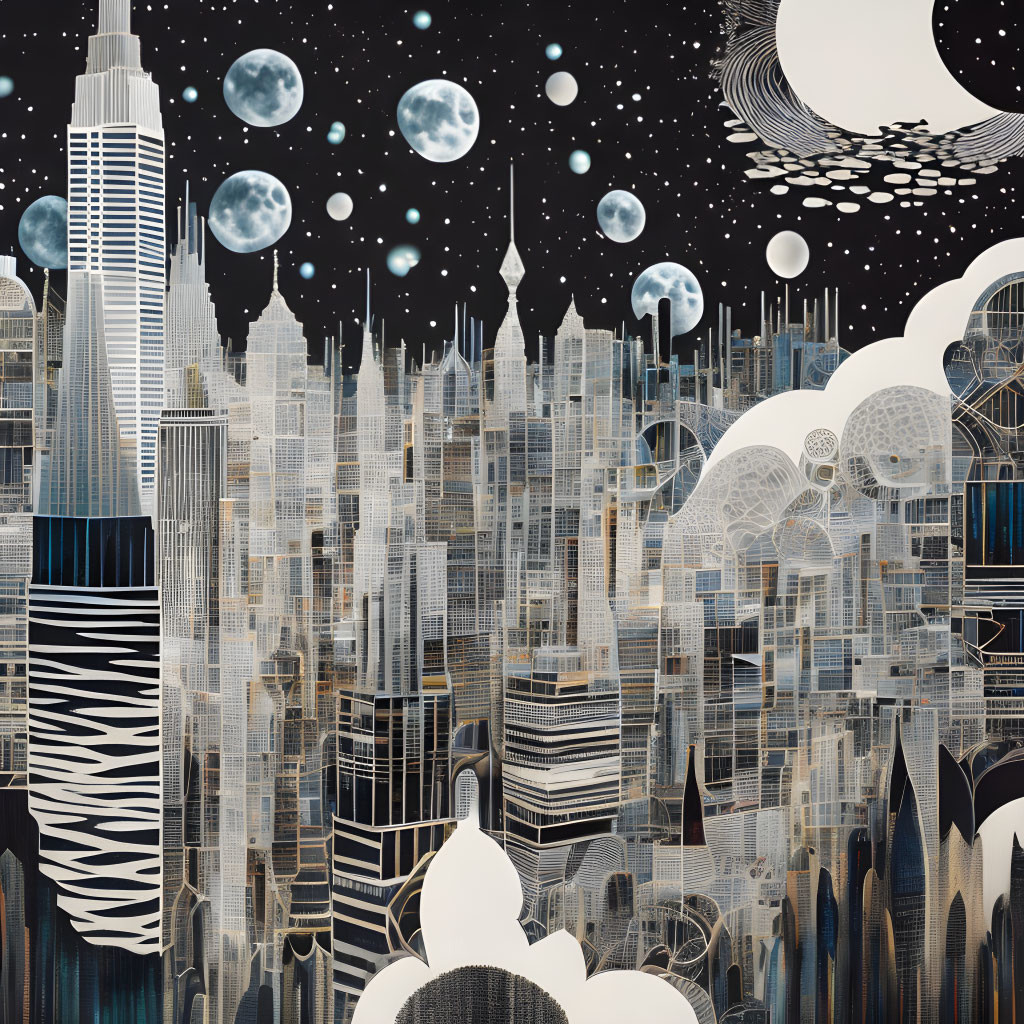 Cityscape artwork with skyscrapers under multiple moons and stars