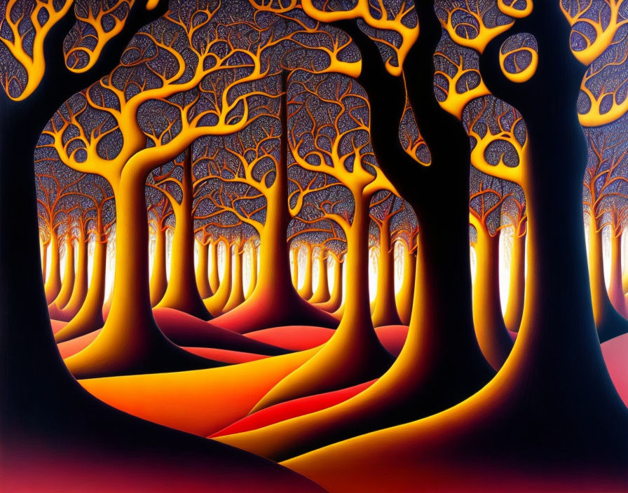 Fractal forest with orange trees and warm gradient colors