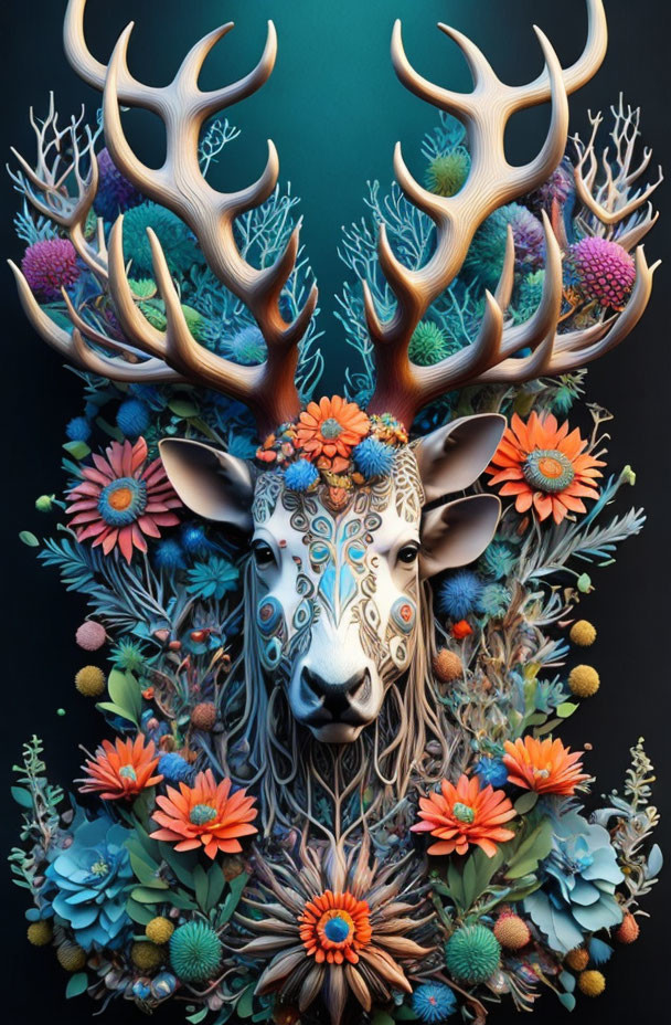 Colorful floral and coral motif on deer against teal background