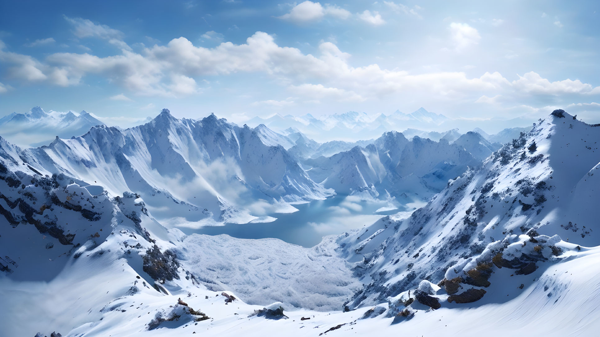 Snow-covered mountains under blue sky with serene lake