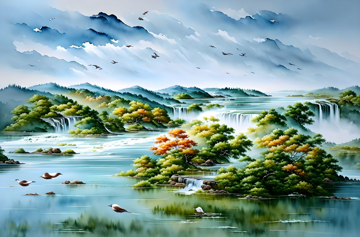 Tranquil landscape painting: waterfalls, serene lake, autumn trees, misty mountains