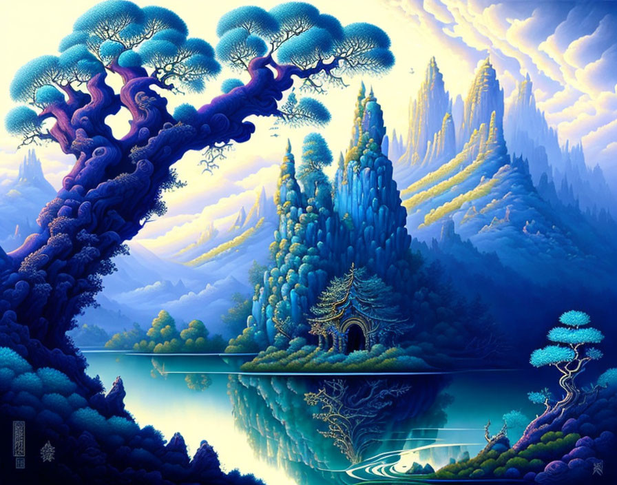 Fantasy landscape with vibrant blue hues, twisted trees, serene lake, and towering rock formations