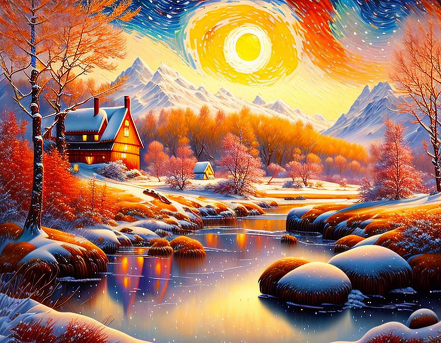 Winter landscape painting: cozy cottage by river, snow-covered trees, swirling sky