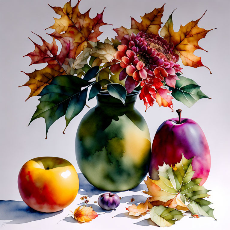 Colorful still life painting with green vase, flowers, fruit, and scattered leaves