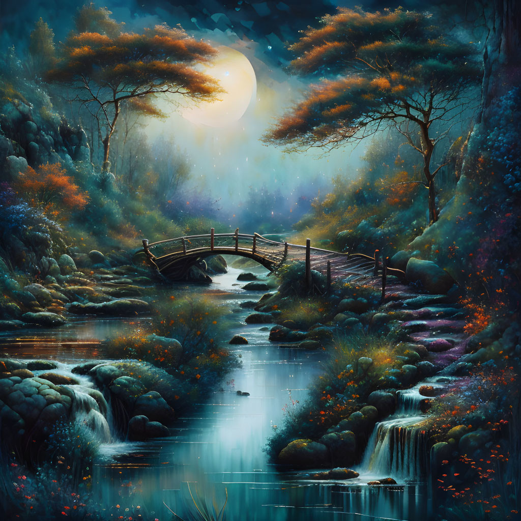 Full Moon Night Scene: Mystical Forest, Wooden Bridge, Waterfall