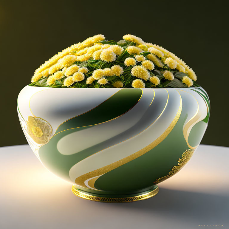 Swirling Green and Gold Design Vase with Yellow Chrysanthemums