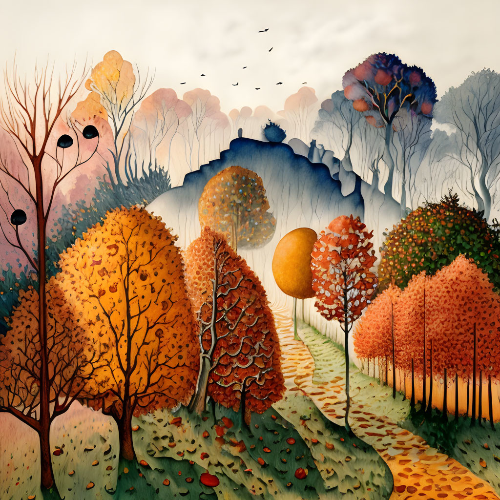 Whimsical autumn landscape with stylized trees and birds