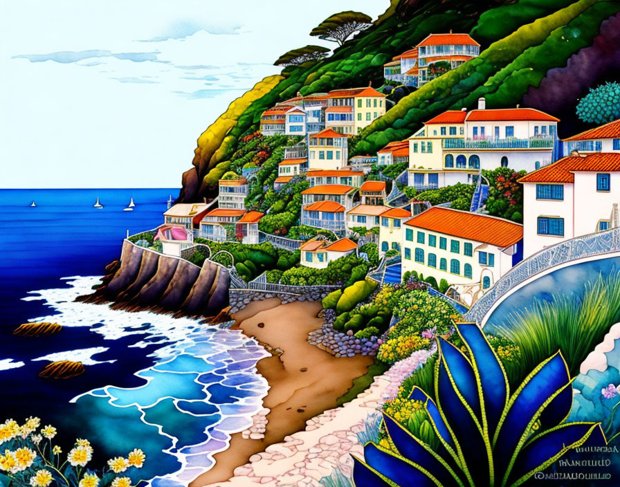 Colorful Coastal Village Painting with Cliff Houses, Beach, Bridge, and Sailboats