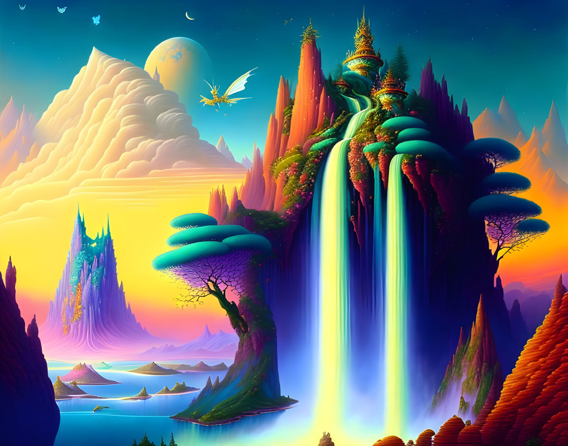 Fantasy landscape with mountains, waterfalls, unique flora, moon, and bird creature