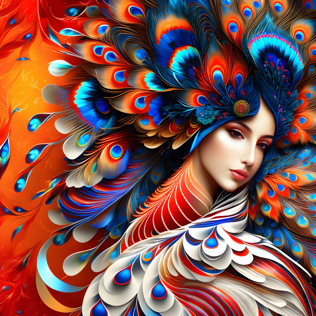 Colorful digital artwork: Woman with peacock feather motifs in vibrant hair.