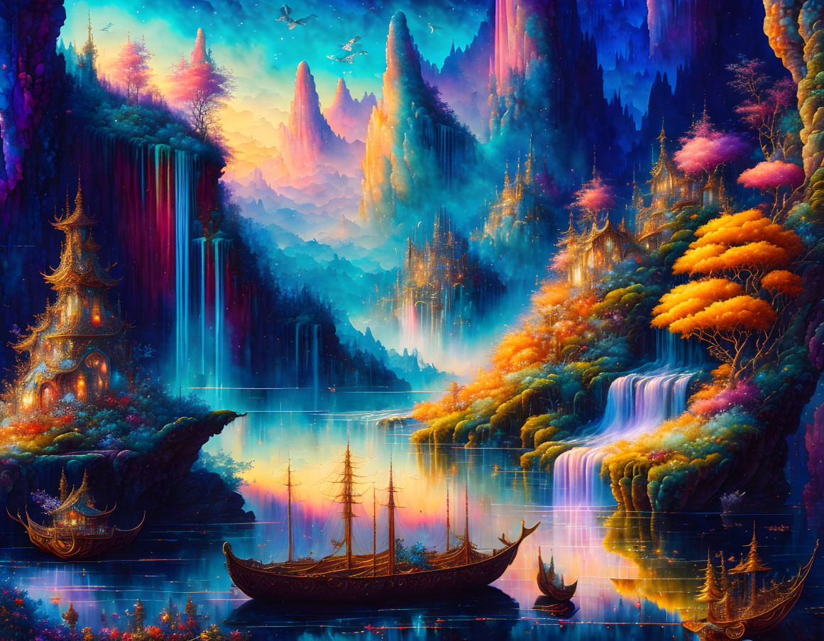 Colorful Fantasy Landscape with Waterfalls, Foliage, Mountains, Pagodas, and Lake