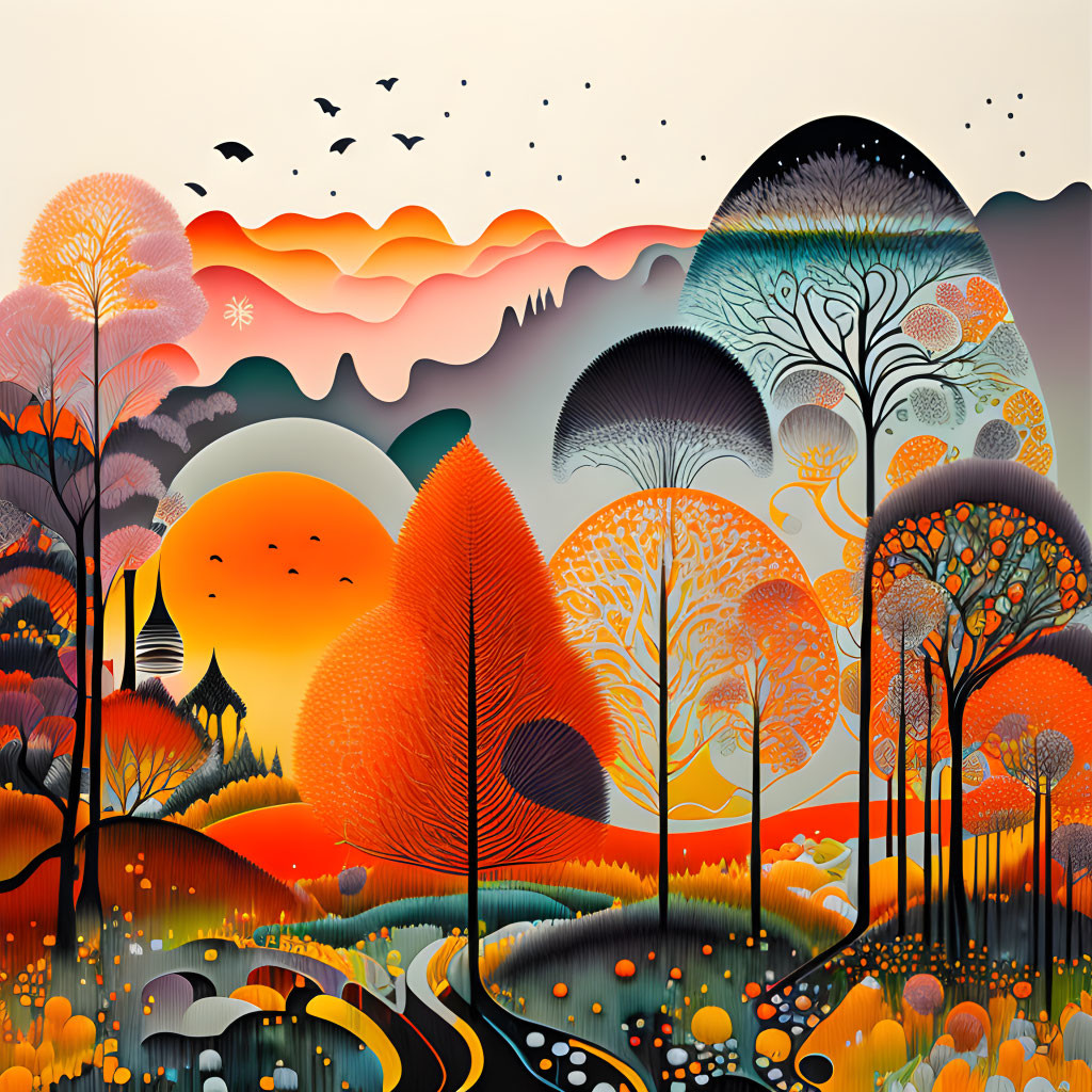 Vibrant landscape illustration with trees, hills, path, birds, and sunset