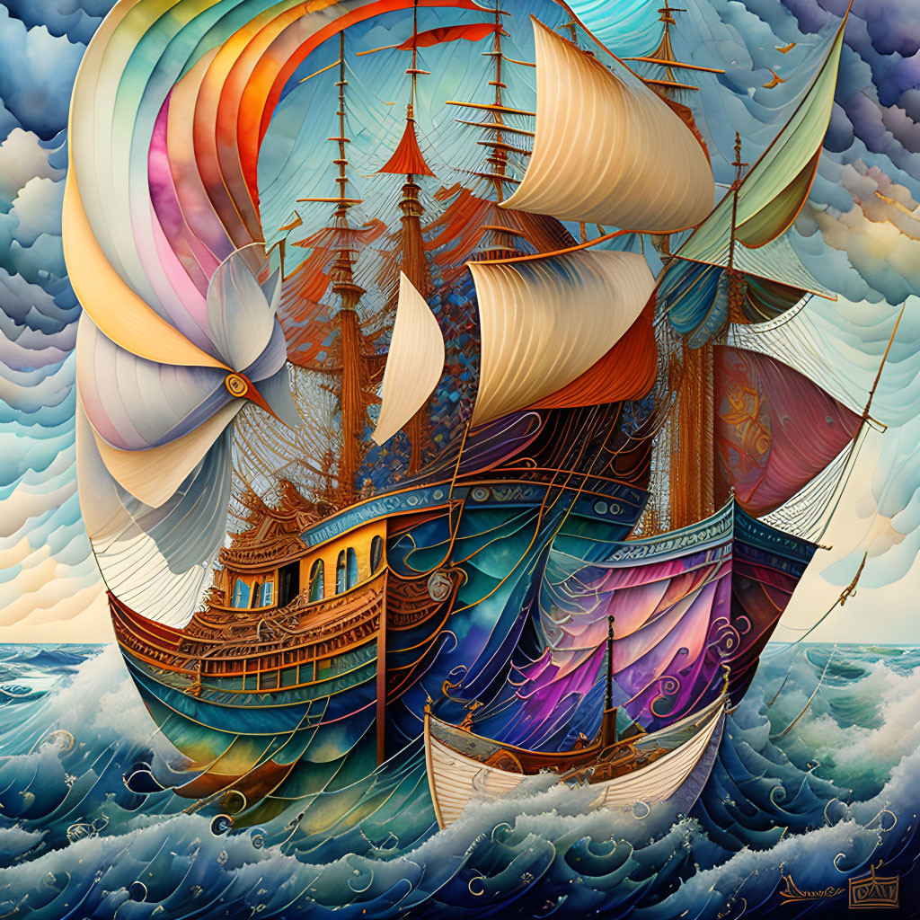 Colorful tall ship painting with whimsical sails on wavy ocean