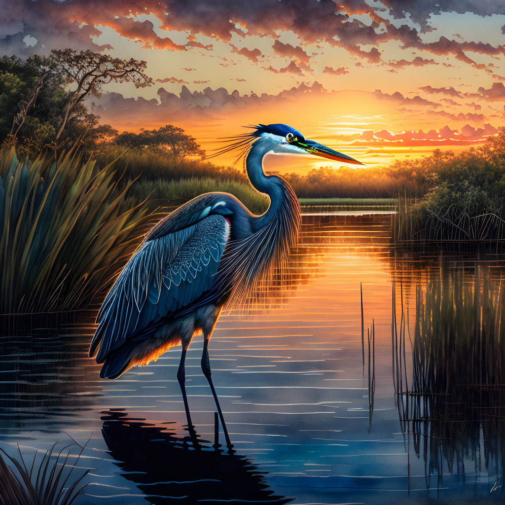 Majestic heron in vibrant sunset over serene wetland