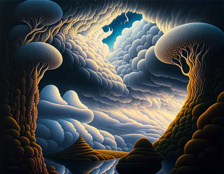 Surreal landscape with mushroom-shaped trees and starry night sky