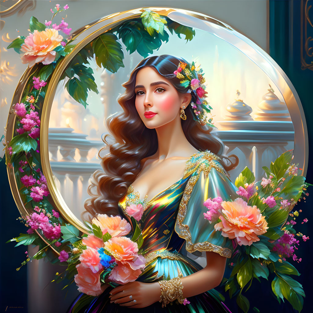 Portrait of woman with long wavy hair, floral headpiece, colorful dress, framed by mirror and