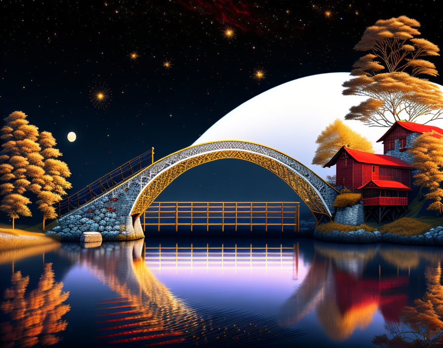 Tranquil night scene: luminous bridge, autumn trees, starry sky