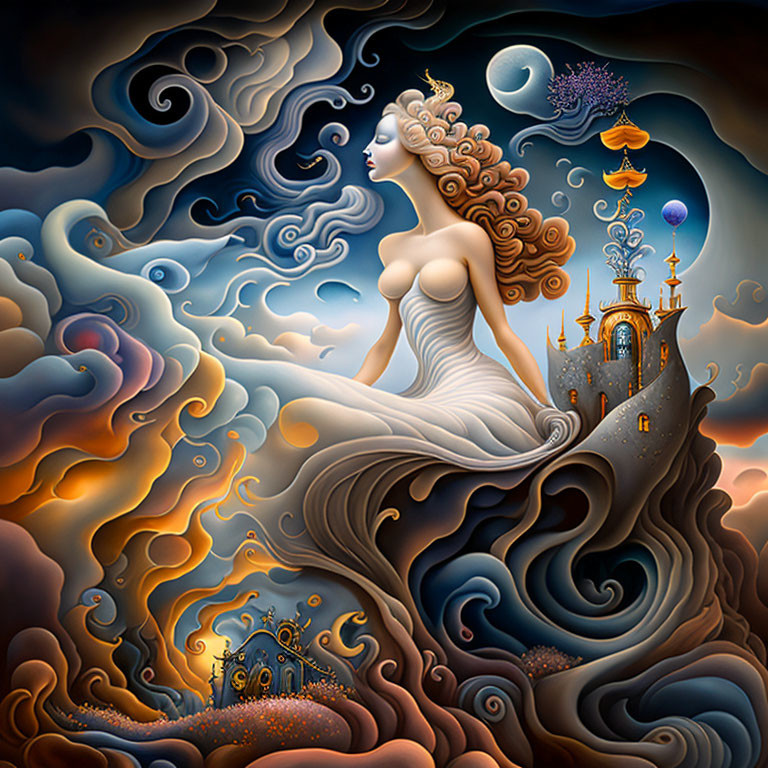 Surreal illustration of woman merging with wave landscape under celestial sky