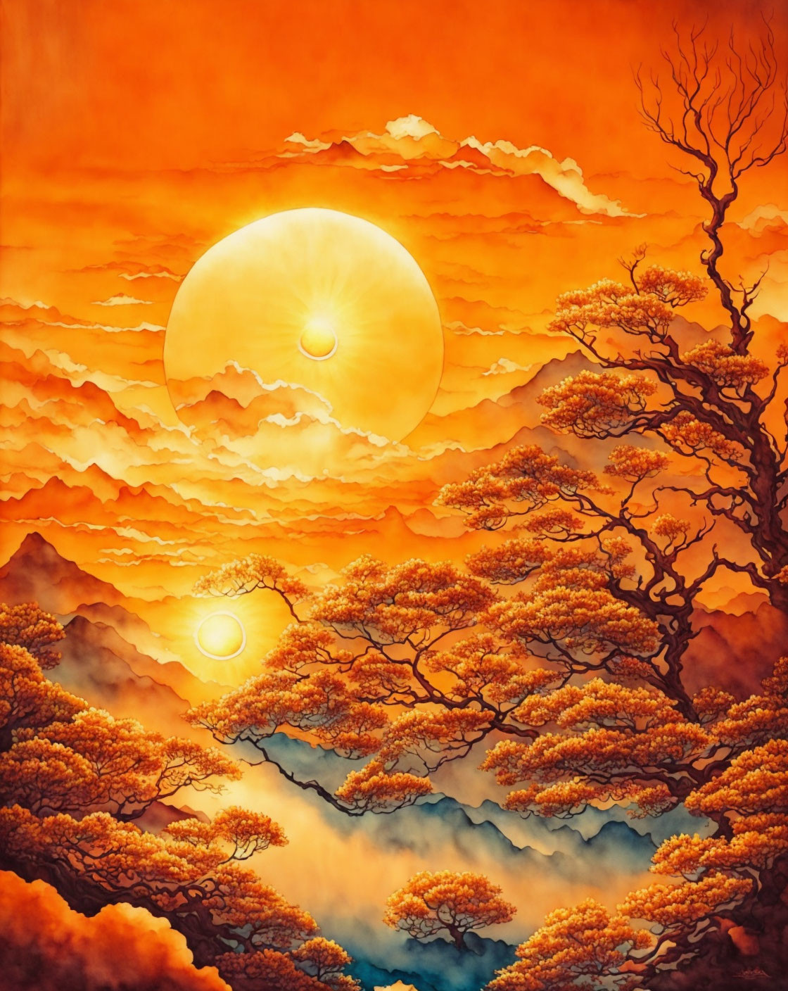 Golden sunset painting with tree, clouds, and hills in the background