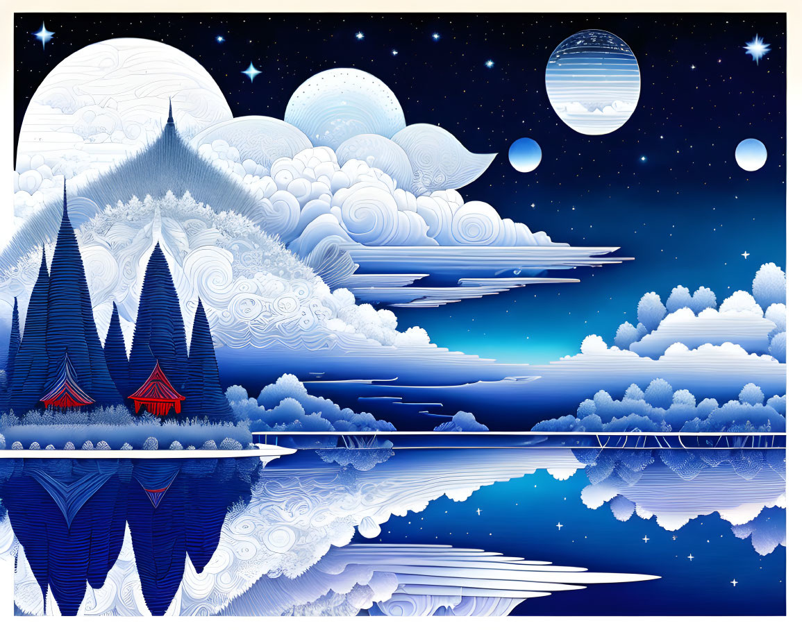 Stylized image of snowy mountains, clouds, celestial bodies, and red-roofed structures reflected