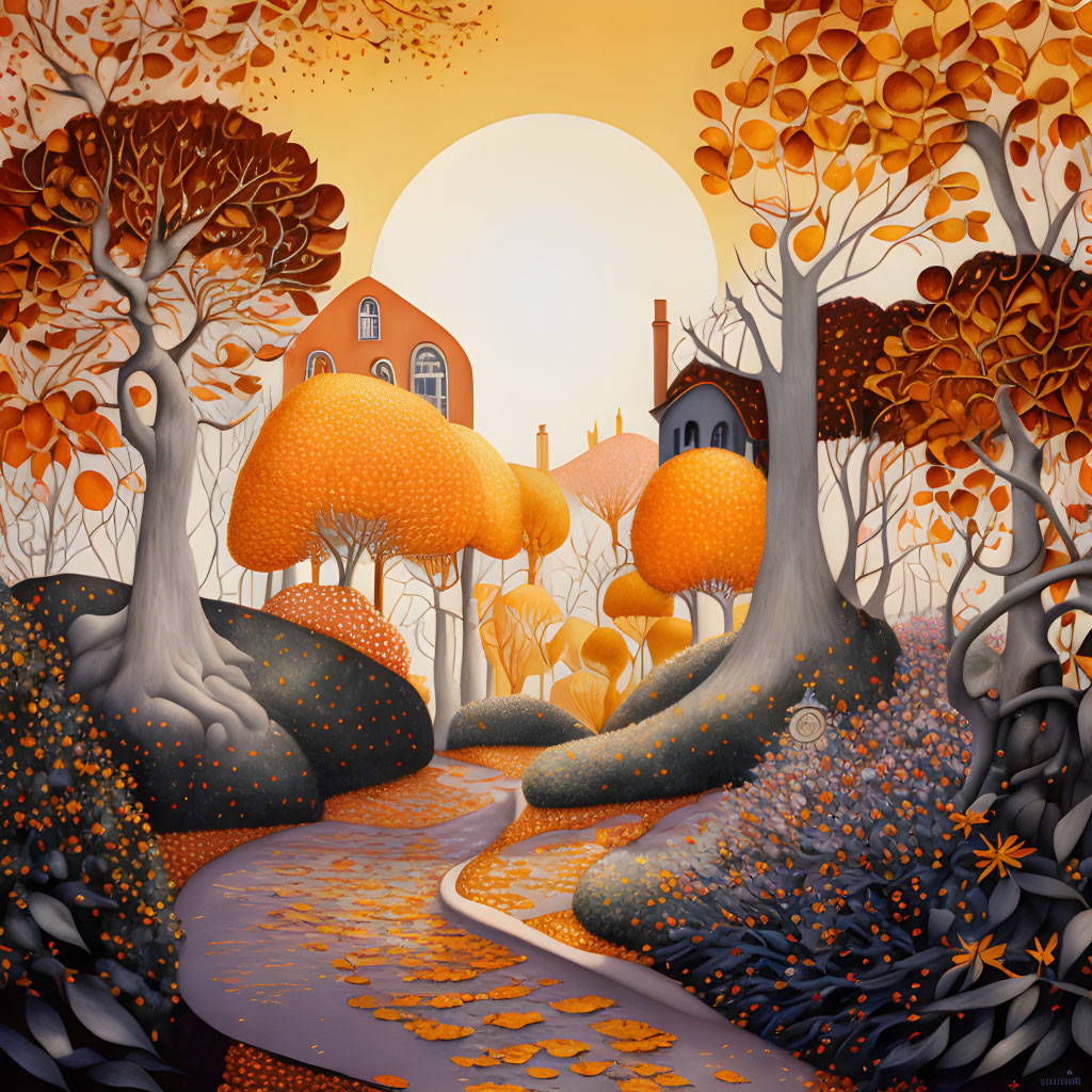 Stylized autumnal scene with orange trees, curvy path, quaint houses.