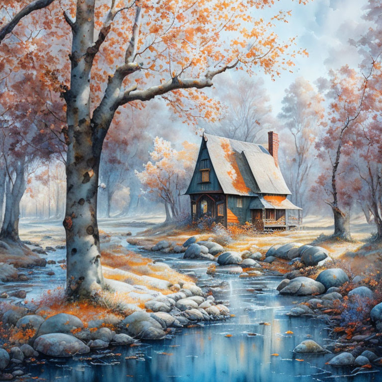 Thatched Roof Cottage in Autumnal Forest with Stream