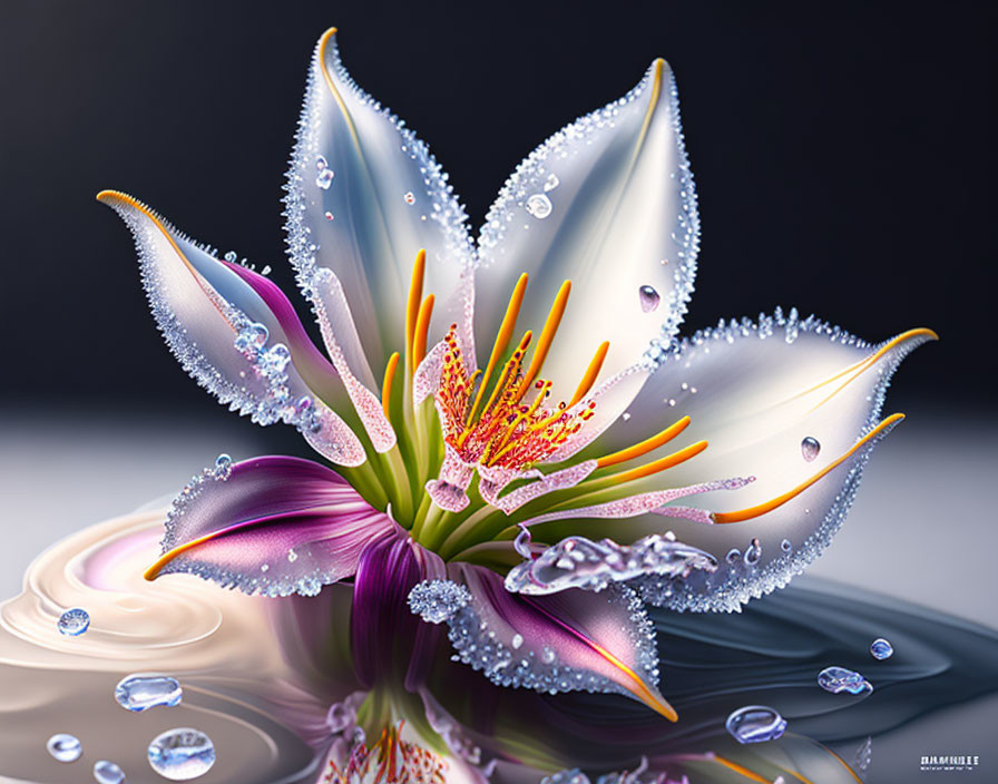 Lily with water droplets on glossy surface