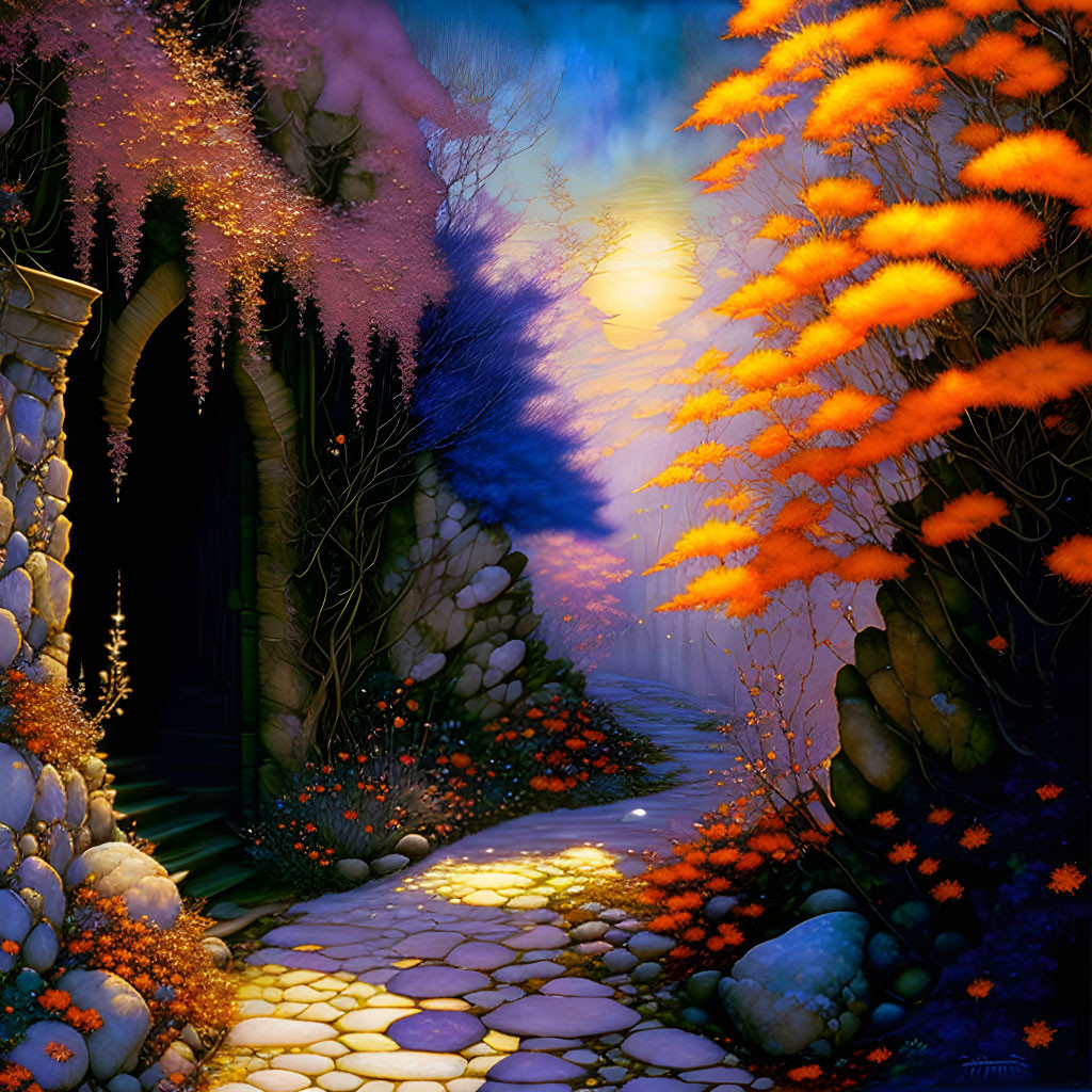 Vibrant orange and pink flora on a garden path with a glowing light, leading to a stone