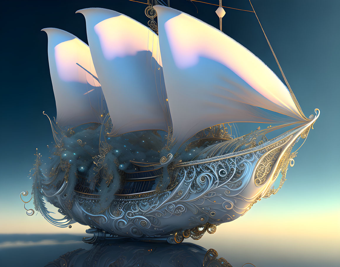 Ornate fantasy ship with glowing aura and billowing sails