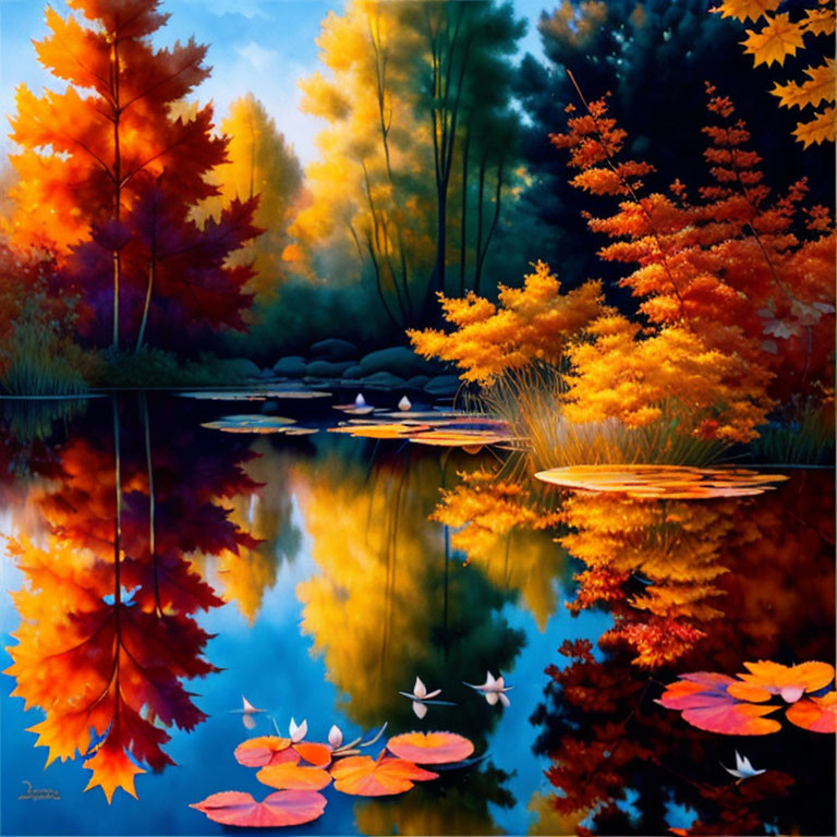 Vibrant autumn trees with orange and yellow foliage reflected in blue water with pink water lilies