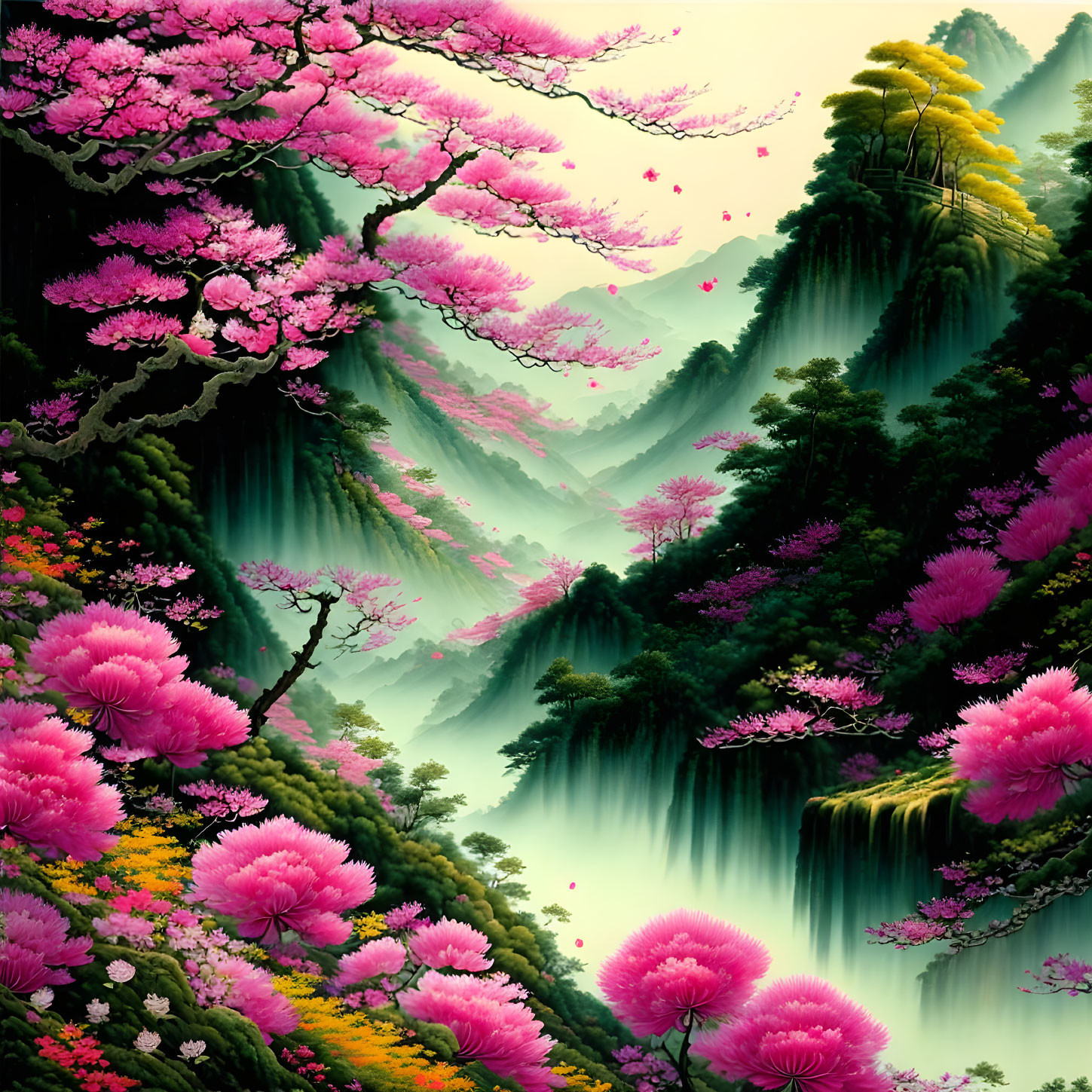 Mystical landscape with pink trees, waterfalls, and forested mountains