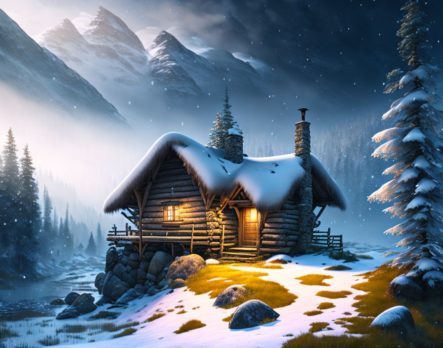 Snowy mountains backdrop cozy log cabin under starry sky