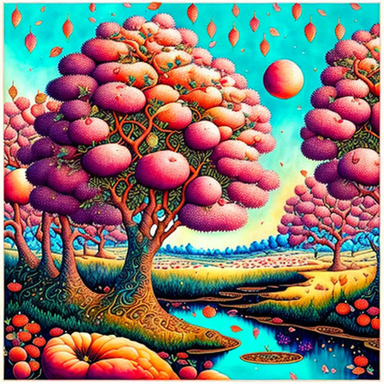 Colorful surreal landscape with pink trees and oversized fruits under a sky of floating red leaves