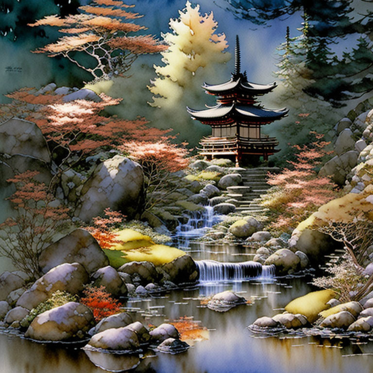 Traditional Japanese pagoda in autumn setting with waterfall