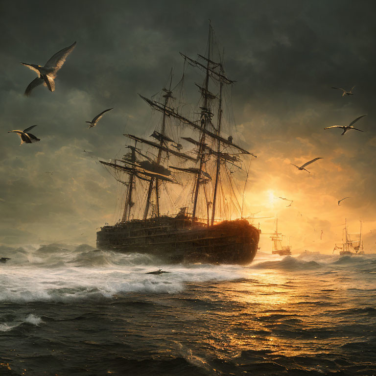 Tall ship sailing in tumultuous seas at sunset with flying seagulls