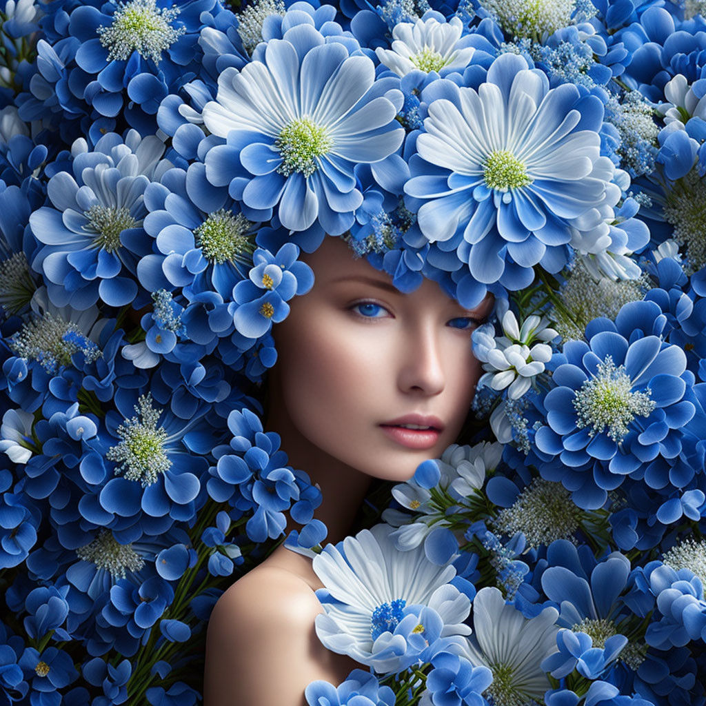 Blue flowers surround woman's face in striking image