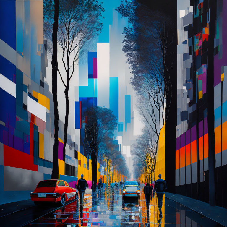 Colorful geometric cityscape with trees, people, and reflections.