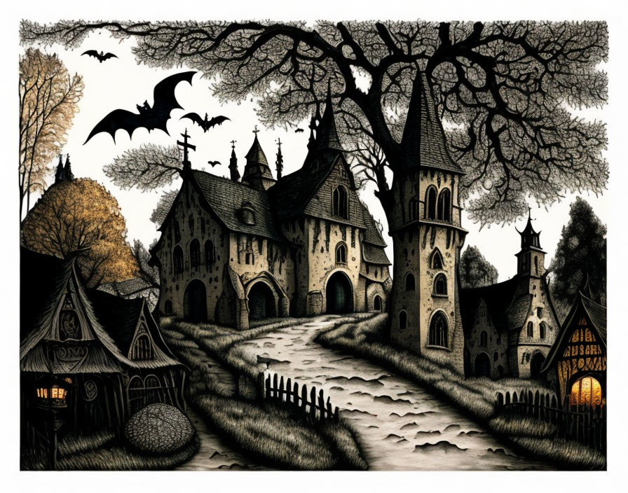 Detailed Gothic-style illustration with tree, bats, church, graveyard, and house in monochromatic tones