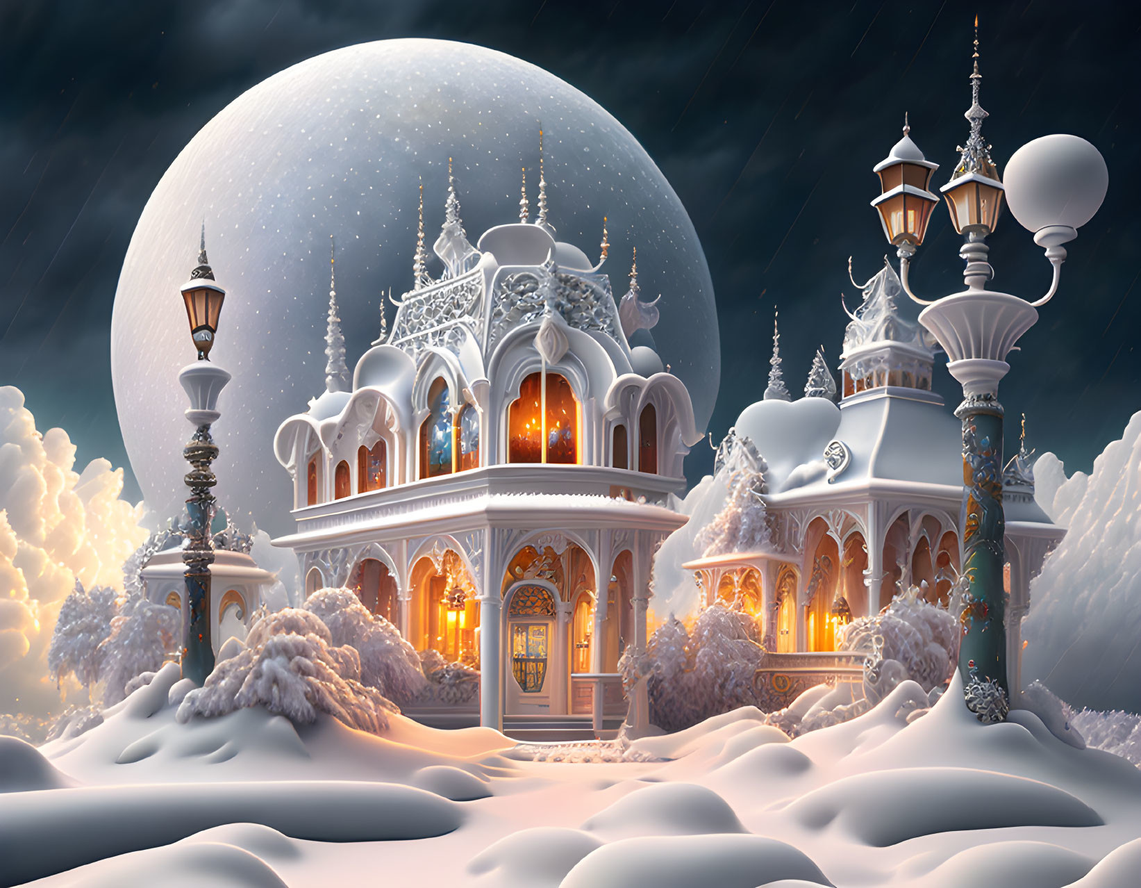 Snowy landscape with glowing palace under full moon