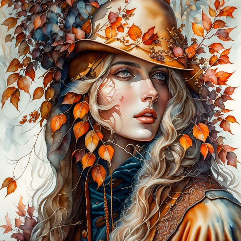 Blonde woman in autumn-themed attire with blue cloak and hat.