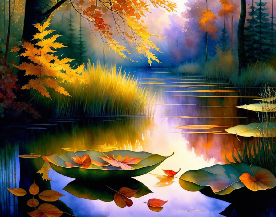 Serene autumn pond with vibrant foliage and lily pads