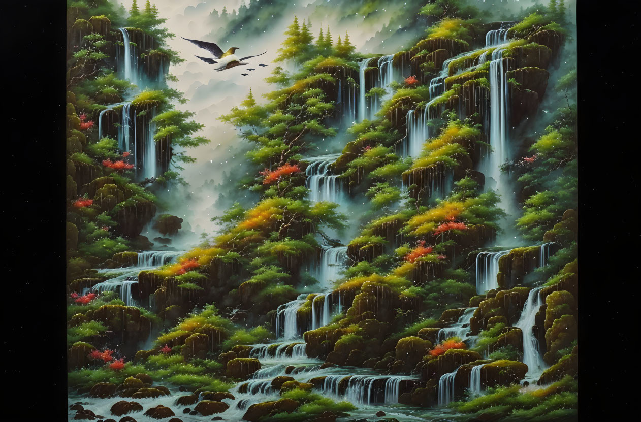 Tranquil landscape with cascading waterfalls and autumnal forests