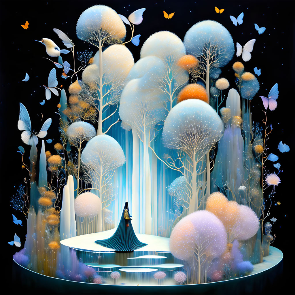 Illustration of vibrant mystical forest with butterflies in night setting