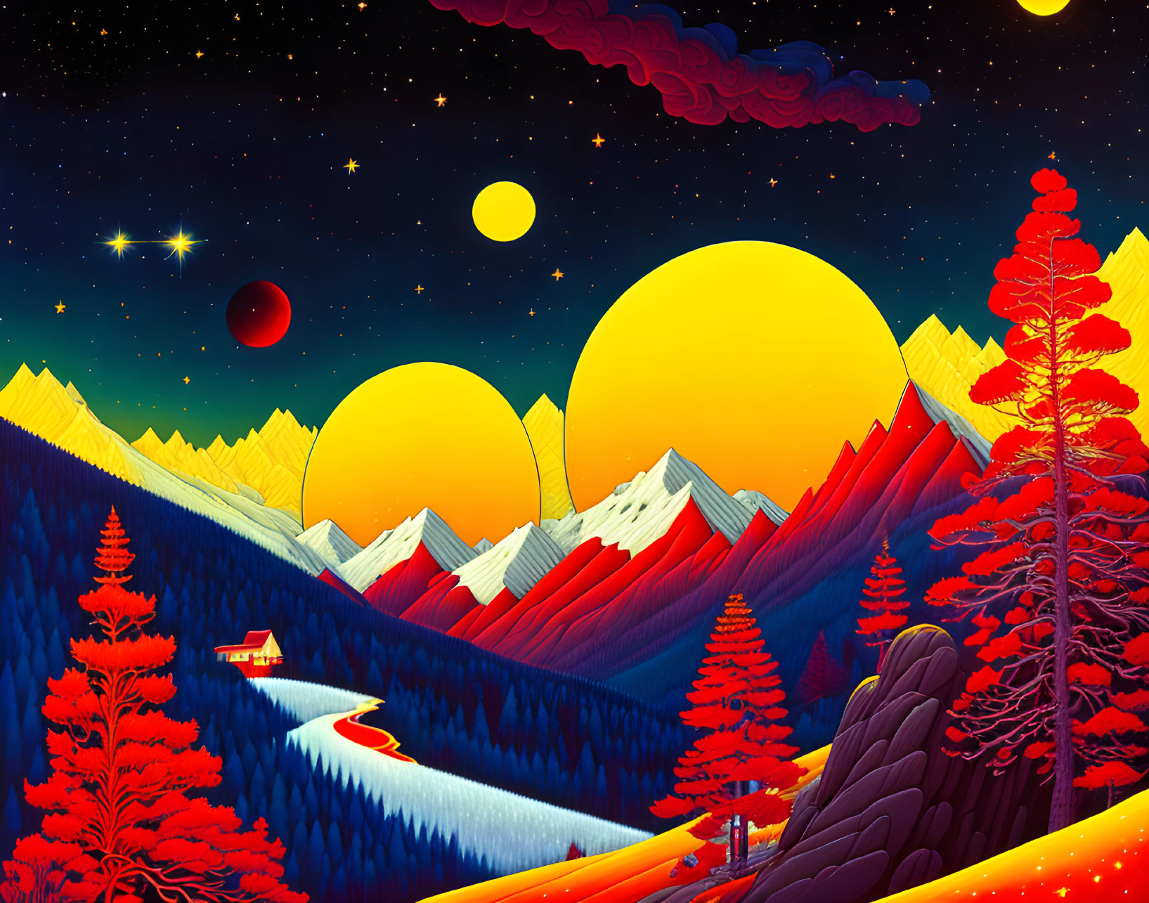 Colorful Landscape with Red Trees, River, and Starry Sky