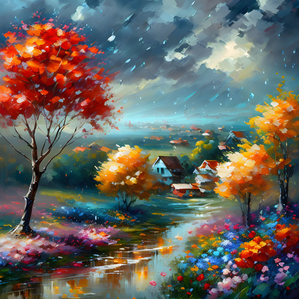 Colorful autumn cottage painting with stormy sky and misty town scene