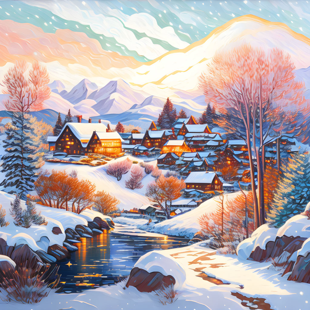 Snow-covered winter village with cozy cottages, mountains, and stream at twilight