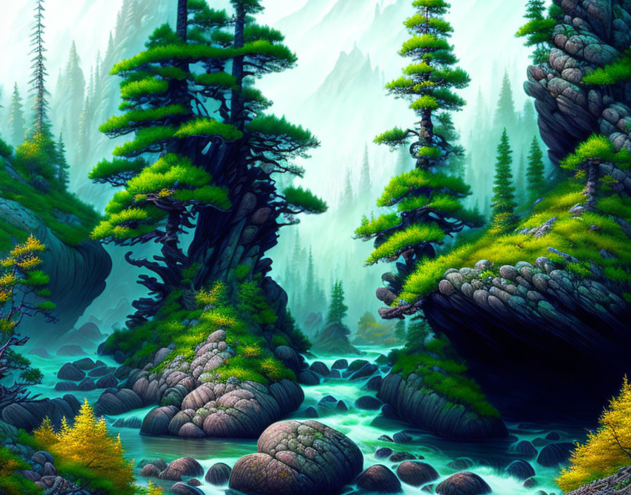 Fantastical forest digital painting with towering trees and serene river